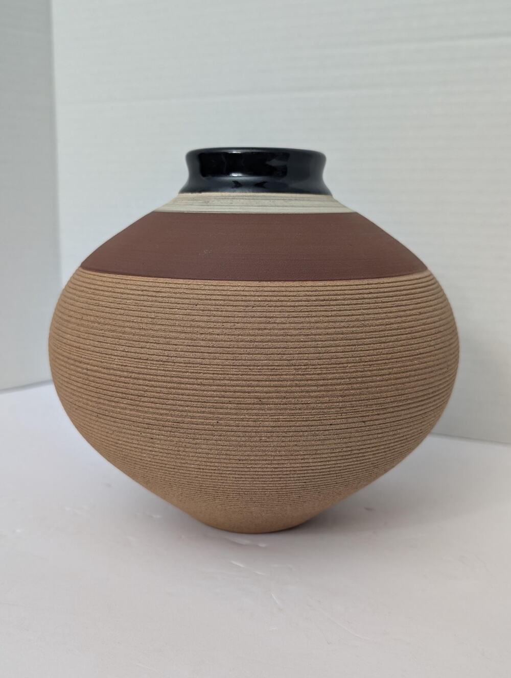 Renee Margolin Studio Pottery Vase Fine Grooved Sphere Ceramic Art Piece